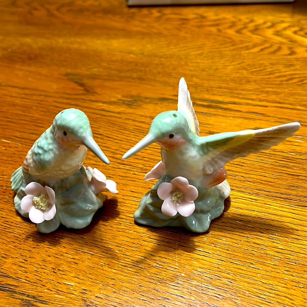 Fine porcelain hummingbird salt & pepper shakers. Never used - perfect condition